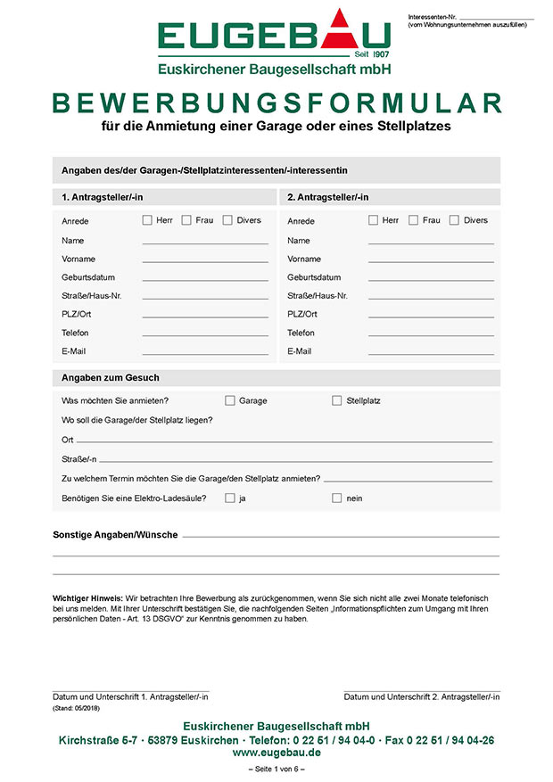 Stellplatzbewerbung